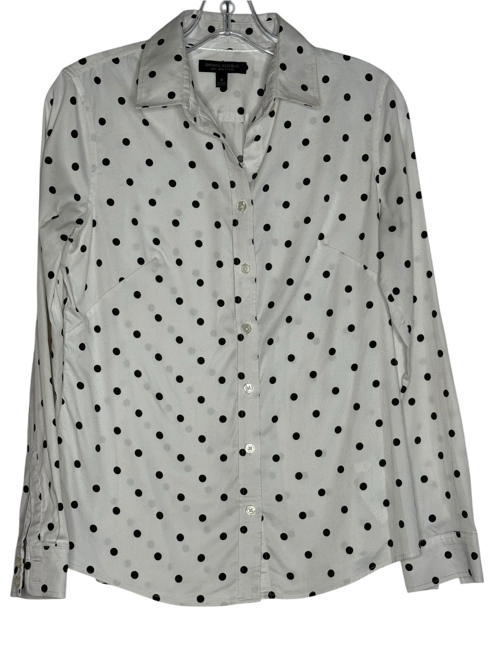 Banana Republic Non-Iron Fitted Polka Dot Button-Up Shirt Size 8 White & Black - Picture 2 of 6